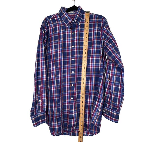Peter Millar Mens M Plaid Long Sleeve Button Up Dress Shirt 100% Cotton Navy Red - Picture 6 of 7